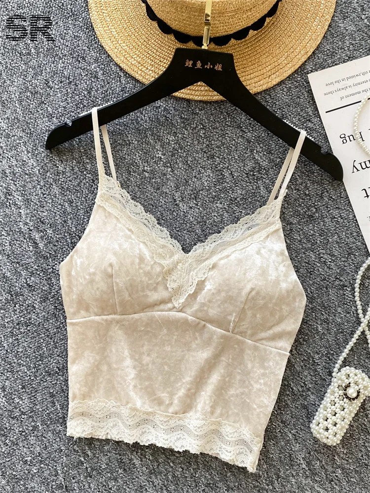 SINGREINY Lace Splice Velvet Camisoles Women Sleeveless Strapless Ruched Tops Autumn Slim Hotsweet Fashion Basics Mini Camis