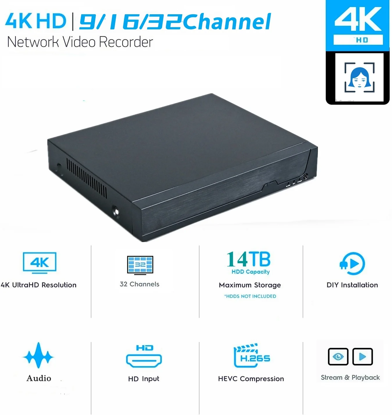 

XM Face Detection H.265 Max 4K Audio CCTV NVR 9/16/32CH 4K/5MP Security Video Recorder H.265 Motion Detect ONVIF P2P CCTV NVR