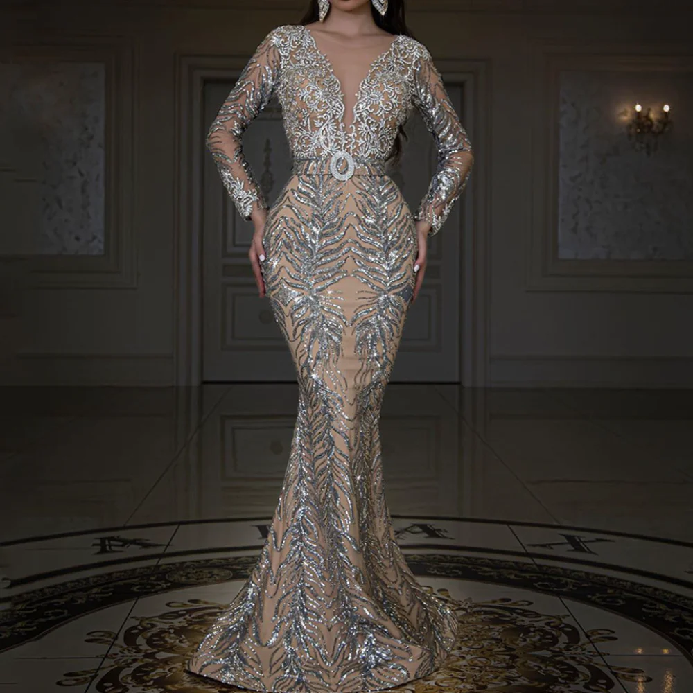 

Sexy Deep V Bronzing Dress Fashion Mermaid Mopping Floor Evening Dress Slim Zipper Banquet Dress Women Elegant Wedding Vestido