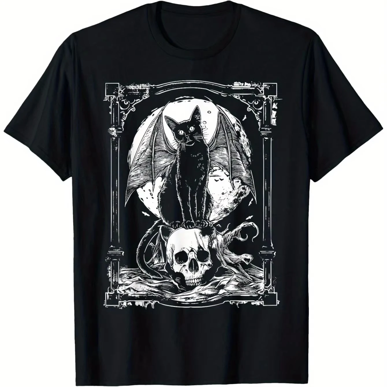 Mysteriöses Fledermausschädel-T-Shirt mit Gothic-Muster für Damen, Black Metal Punk-Stil, perfekt für Outdoor, lässig, Avantgarde-Mode, Grafik
