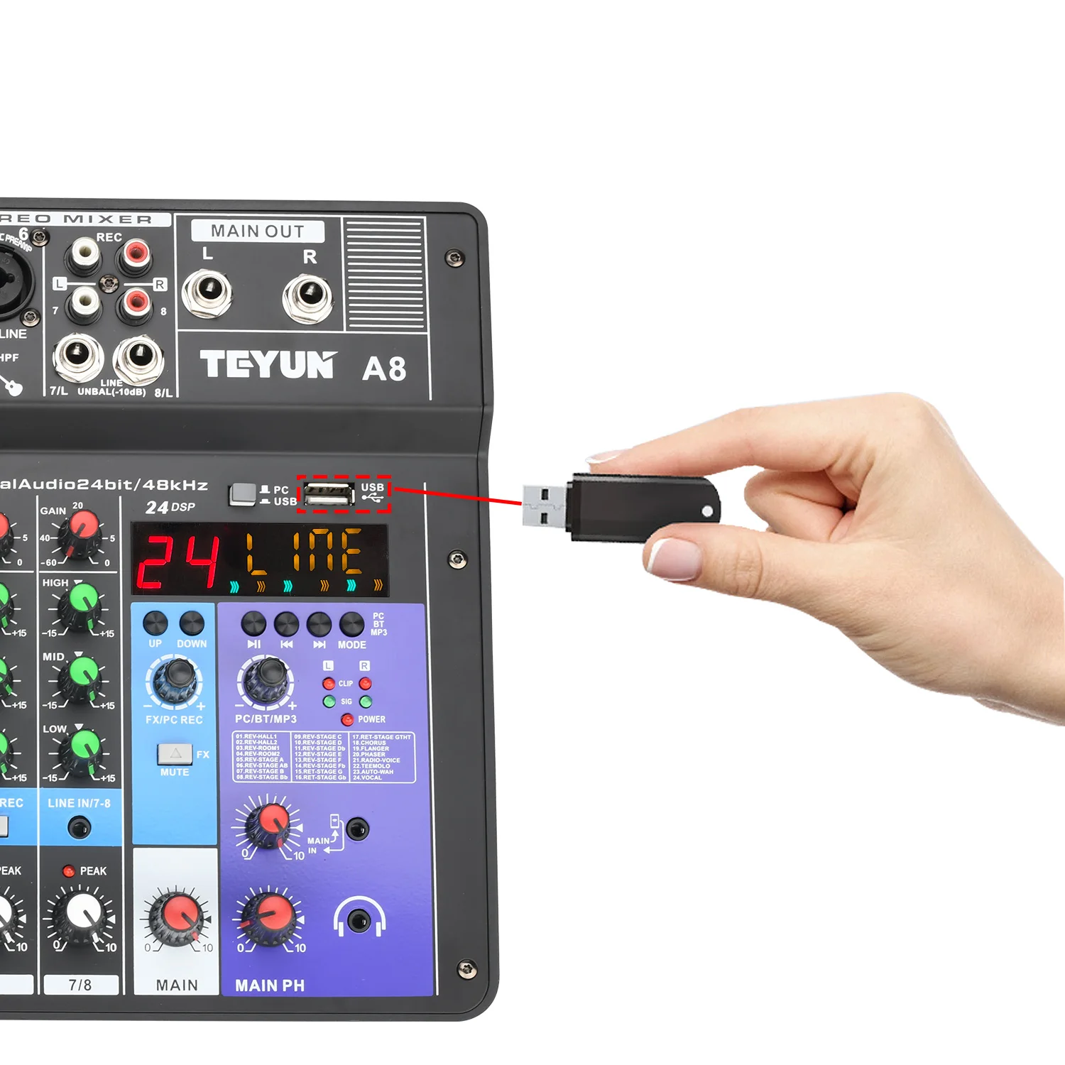 8 Channel Mixing Console 24 DSP Effect Audio Mixer Bluetooth PC USB Play Recording 48V Sound Table Desk A8 audio mixer