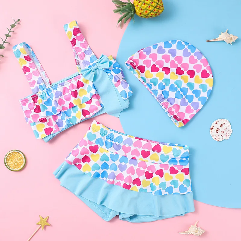 

2024 Girls Swimwear Children Swimsuit Print High Waist Bathing Suits Three Piece Set Summer Beach Sleeveless Swimming Clothing