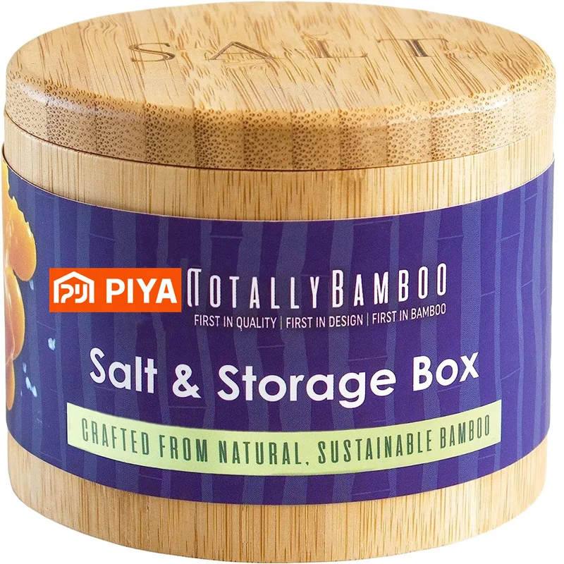 Bamboo Salt Cellar Storage Box Magnetic Swivel Lid Salt Jar Condiments Storage seasoning jar
