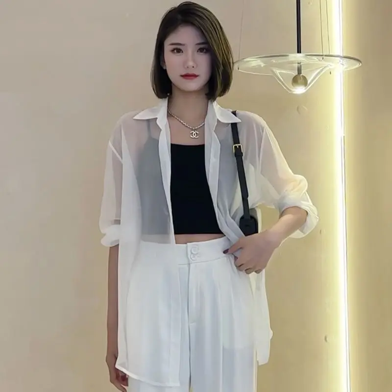 Sheer Chiffon Blouses Women Long Sleeve Sunscreen Shirt Big Size Korean Chic Thin Black White Vintage Tops Mujer Buttons New