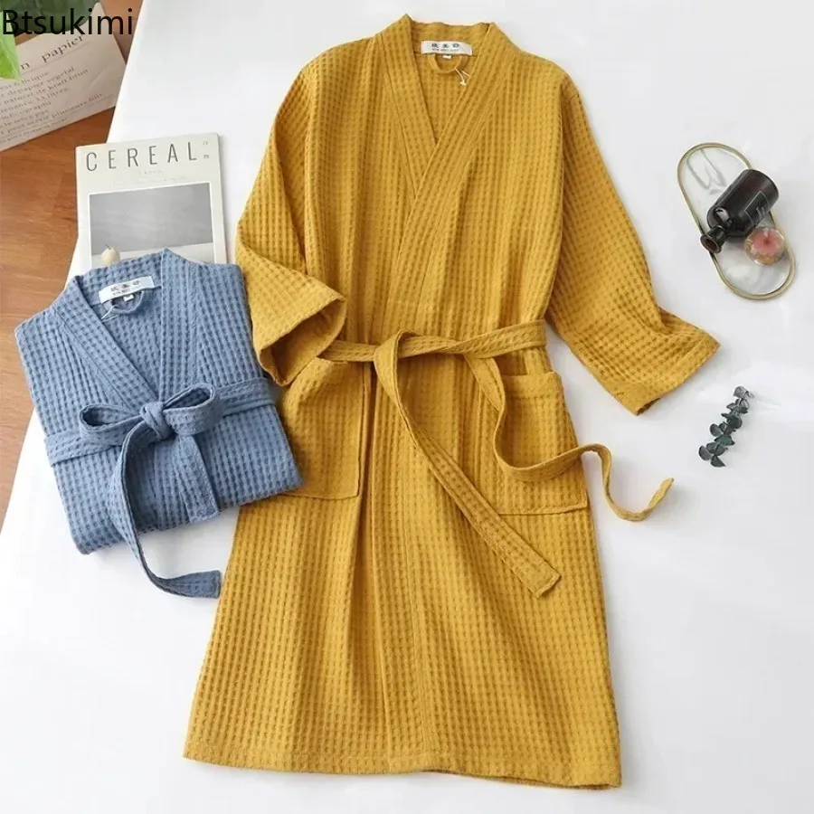 Men's Cotton Terry Robe for Spring and Summer Thin Morning Robe Long Sleeve Waffle Bathrobe Hotel Beauty Bath Towel for Couples
