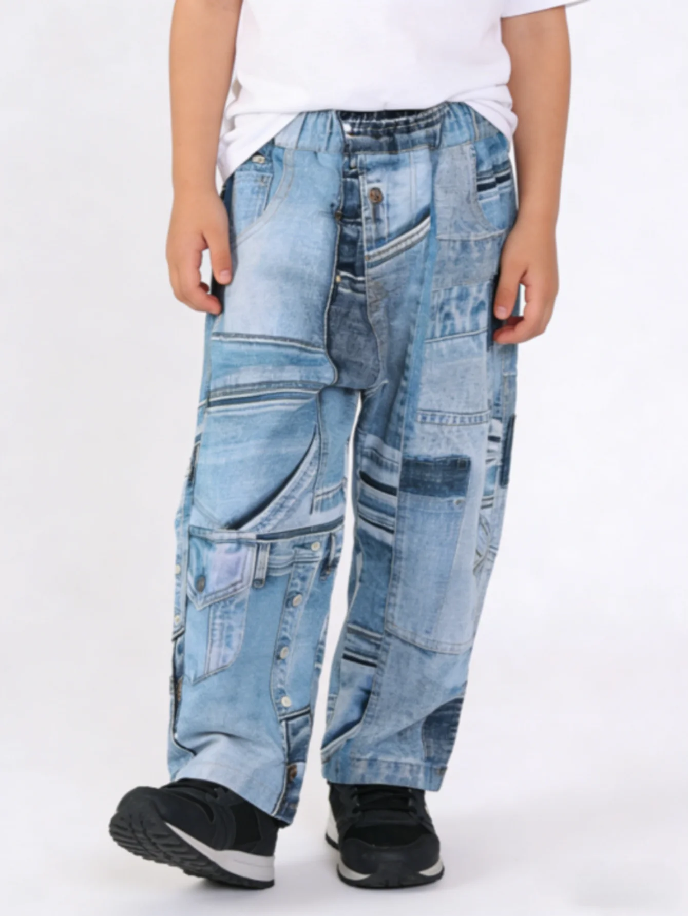 소년 패치워크 프린트 데님 청바지 키즈 라이트 블루 루즈핏 배기 팬츠 아동용 신축성 허리 스트리트웨어 바지 2026 신상품