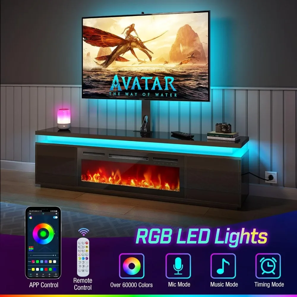 Fireplace TV Stand with Led Lights and Power Outlets, TV Stand Mount with Electric Fireplace, Black Entertainment Cent 2