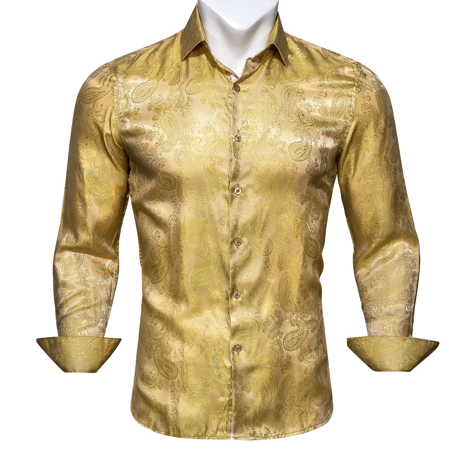 4XL Luxury Gold Paisley Silk Shirts Men Long Sleeve