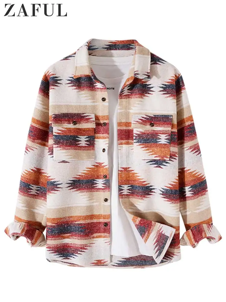 

ZAFUL Shirt Jacket for Men Ethnic Aztec Print Streetwear Shacket Button Fly Fall Winter Unisex Shirt Coat Long Sleeves Outerwear