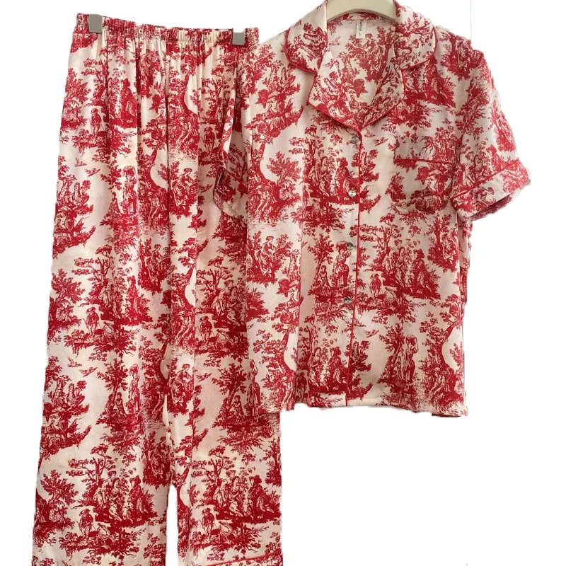 

Женский пижамный комплект, топ с коротким рукавом и штаны, 2 шт., домашняя одежда из сатина, свободная одежда для сна, роскошная пижама с принтом, одежда для сна