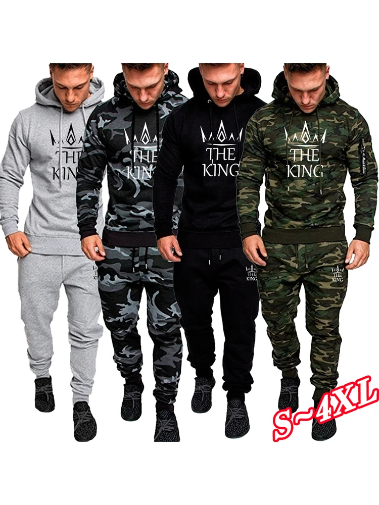 Autumn men's fitness camouflage sportswear sports set camouflage printed hoodie jacket+pants sportswear jogging set