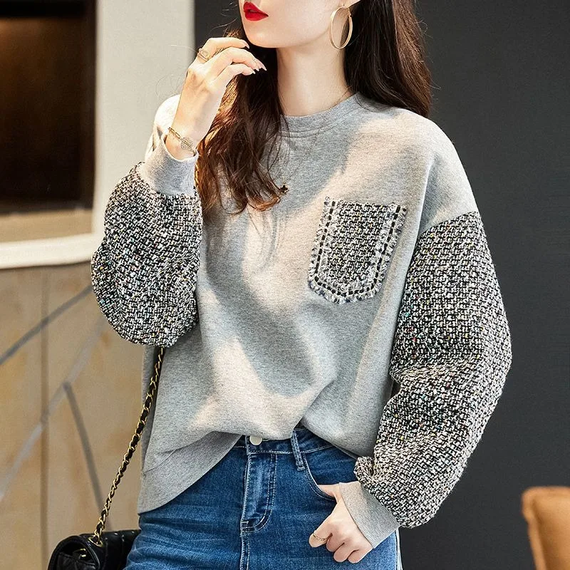 Round Neck Casual Hoodie Women's Spring Autumn 2024 New Fashionable Loose Jacket Patchwork Long Overcoat Sleeved Pullover Tops