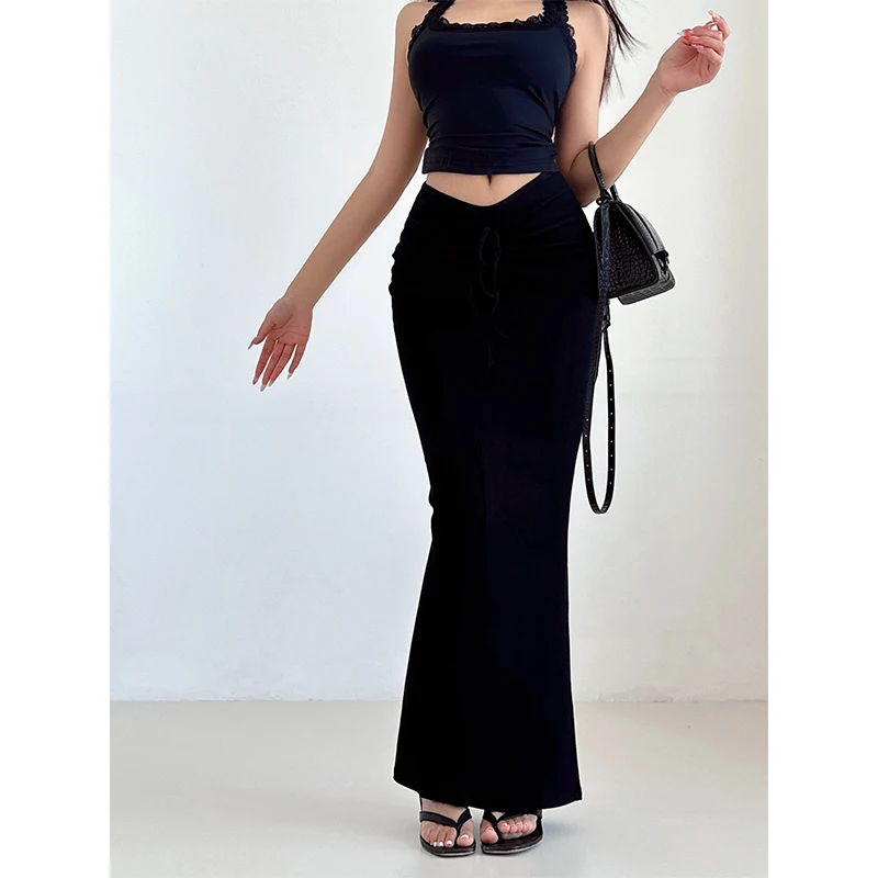 Saia de cauda de peixe longa de malha feminina, cintura V, plissada, quadril embrulhado, meia saia, casual, comprimento médio, moda verão, K19L