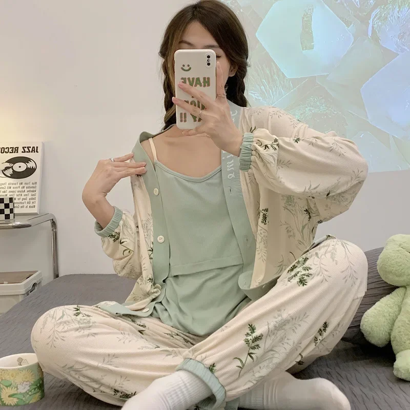 Maternity Feeding Nightie Tops Pant 3Pcs/Sets Sleepwear Nursing Clothing Pregnancy Maternity Pajamas Pregnant  Lounge Sleep