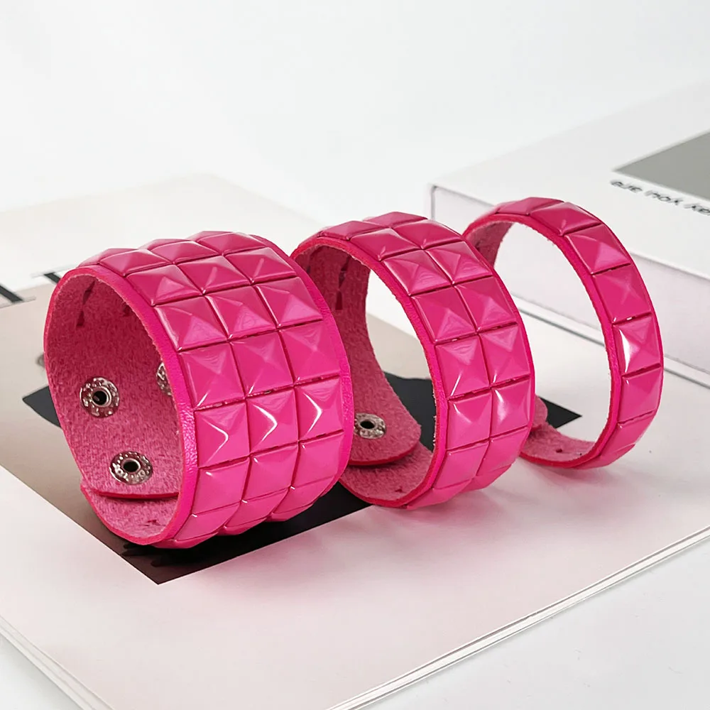 Women's Punk Pyramid Stud Leather Bracelet Adjustable Hot Pink Wide Cuff Bracelets Gothic Fashion Wristband Hand Jewelry Gift 2