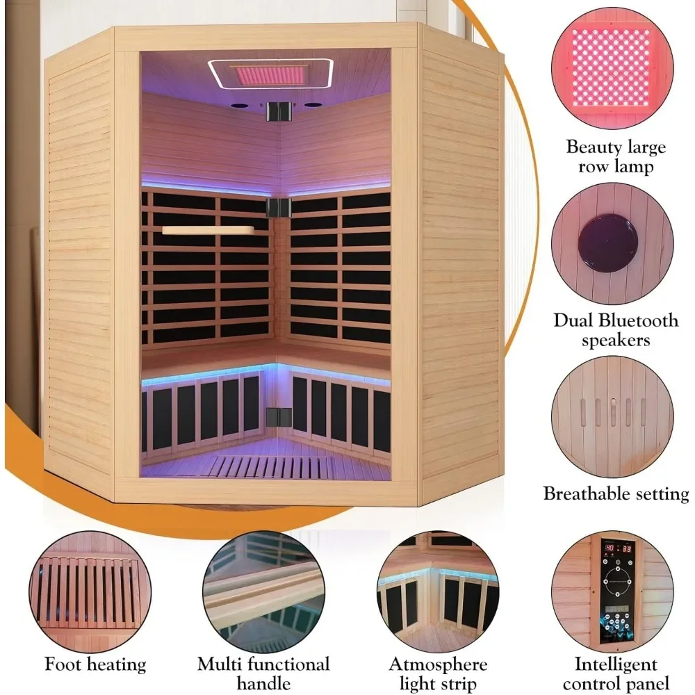 Far Infrared Home Sauna Room, Red Light Wooden Indoor Dry Sauna, Indoor Corner Sauna Spa with Full Spectrum Heater, Floor Heater 3