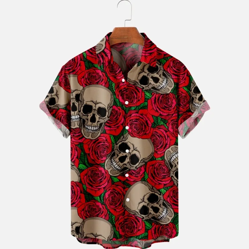

2022 Men's Fashion Summer T-Shirts Hawaiian Skull 3d Print Cozy Casual One Button Shirts Short Sleeve Beach plus size Shirts