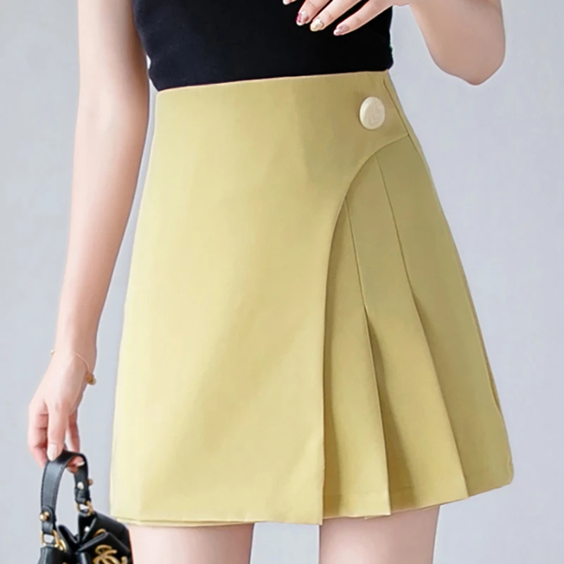 Button Pleated Skirt Women High Waist Casual Womens Skirts For Teen Girls Sweet Mini A-Line Short Skirt Ladies 2021 Spring Black black leather skirt