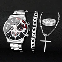 4pcs/set Fashion Men's Watch Set Business Calendar Quartz Watch with Bracelet Necklace Ring Set 1