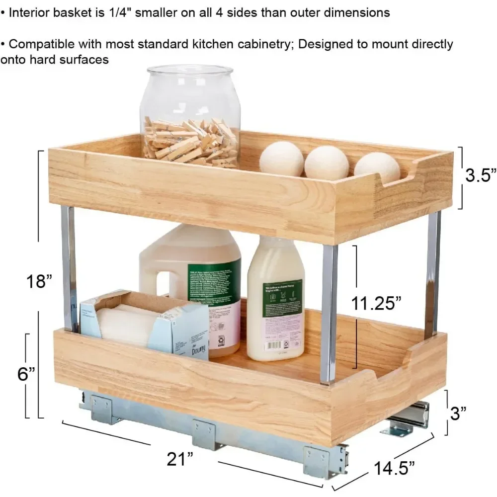 2 Tier Pull Out Cabinet Organizer Solid Wood Basket storage