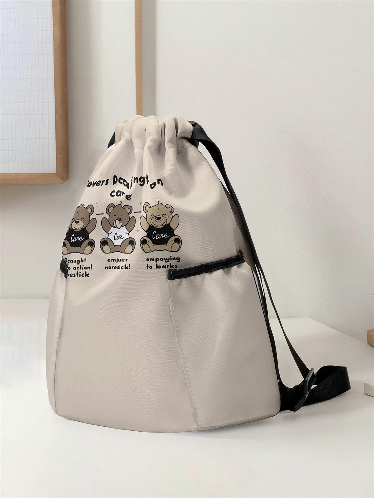 Cartoon Bear Pattern Drawstring Backpack - Large Capacity Durable Fitness Bag, Adjustable Shoulder Straps, Sports Beach Backpack