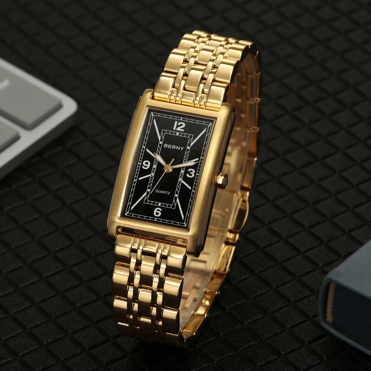BERNY Square Quartz Golden Men Wristwatch Luminous Hands Texture Tank RectangularStainless Steel High Quality Luxury Men's Watch