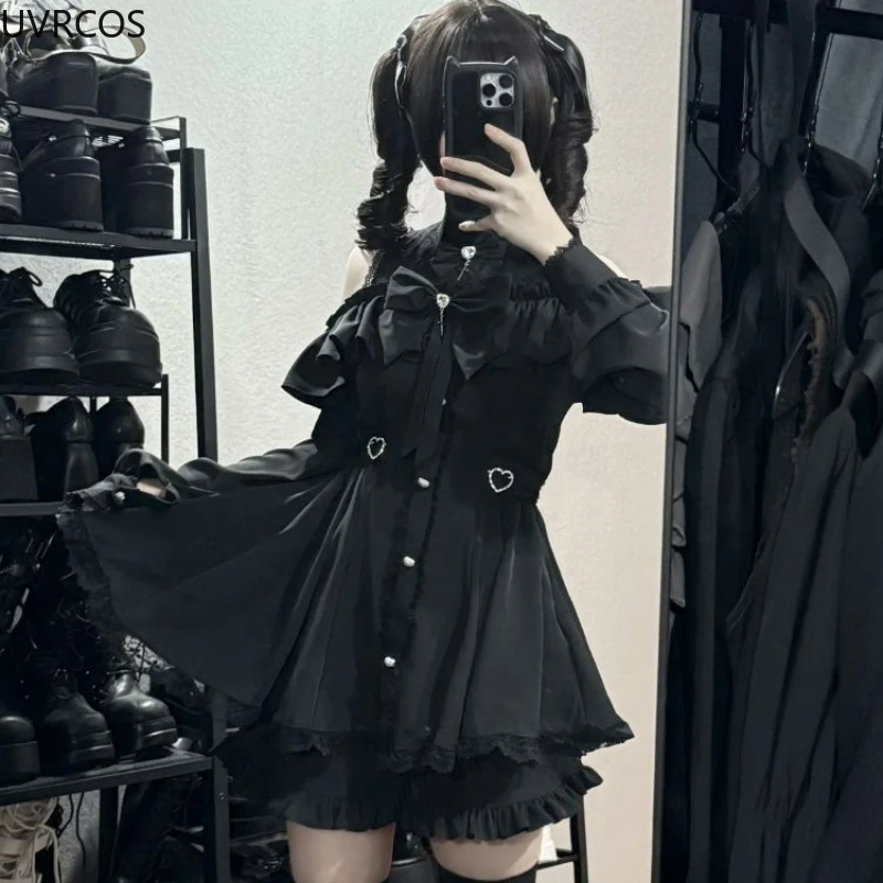 Gothic Lolita Bow Dress  Shorts Set - Off-Shoulder Lace Ruffle Party Outfit