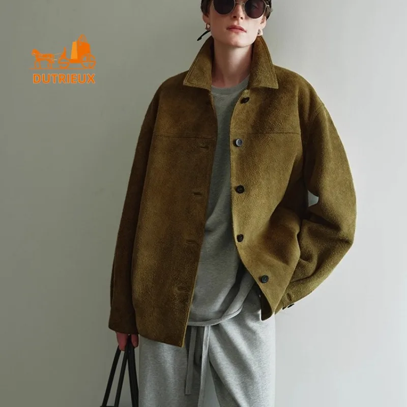 Winter Women's Matte Lapel Silhouette Long Plush Leather Jacket, 100% Genuine Sheepskin, Low-key Noble and Fashion Leather Coat