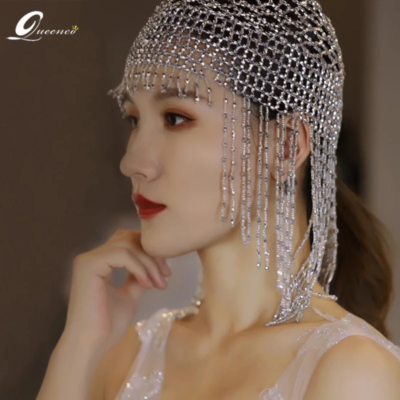 

New Tassel Crystal Hat Luxury Hair Accessories For Women Jewelry Beaded Headdress Silver Color Wedding Hats 2022