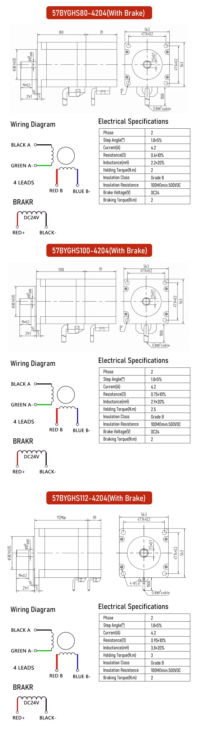 Nema23 Schrittmotor mit Bremswellendurchmesser 6,35/8 mm Drehmoment 1,2/1,8/2,2/2,5/2,8/3 N. m Zweiphasig-Vierdraht 1,8 Grad 4,2 A – Detail 16