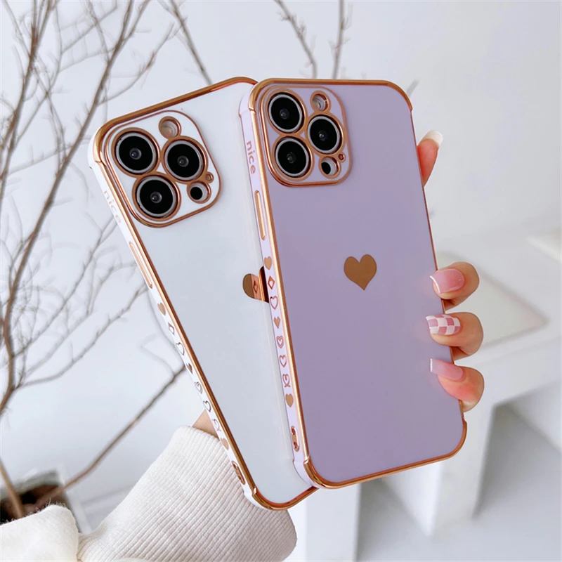 

Love Heart Art Electroplated Phone Case For iPhone 11 12 13 Pro Max 12 13 Mini X XR XS 7 8 Plus SE 2020 Shockproof Girl Bumper