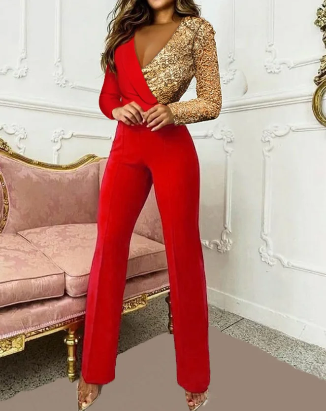 Women's casual long sleeved jumpsuit 2024 spring/summer new women's casual color blocking long sleeved suit jumpsuit