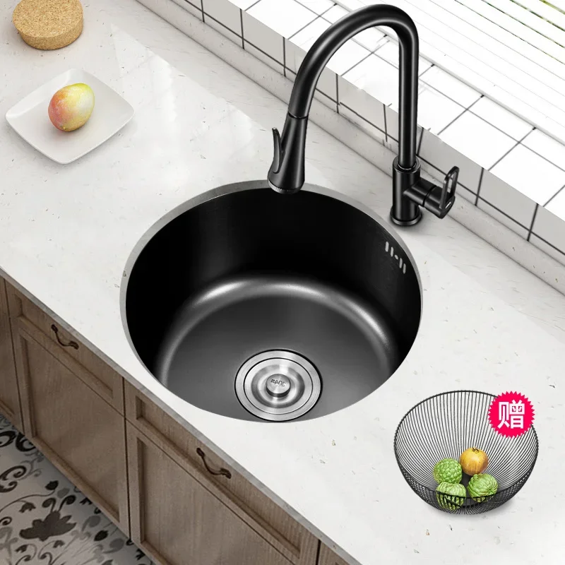 Nano Kitchen Sink Round Single-slot 304 Stainless Steel Sink Bar Balcony Washbasin Under-counter Basin Kitchen Accessories y