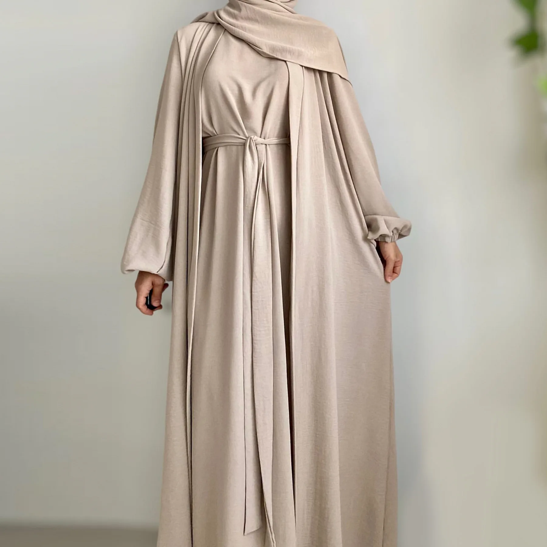 Abaya Kimono and Hijab 2 Piece Set Slip Sleeveless Dress Matching Muslim Sets Abayas for Women Dubai Turkey Africa Islam Clothes