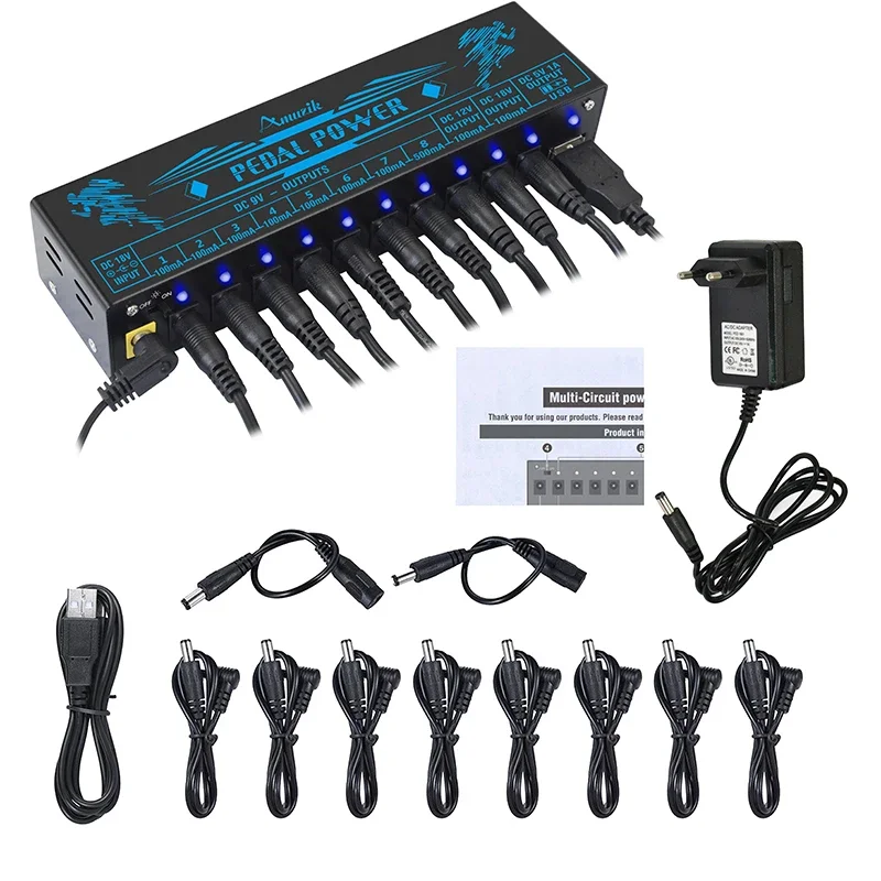 Amuzik Guitar Effector Pedal Power Supply 10 Isolated DC Output 9V 12V 18V Source Effect Pedalboard USB Port cellphone