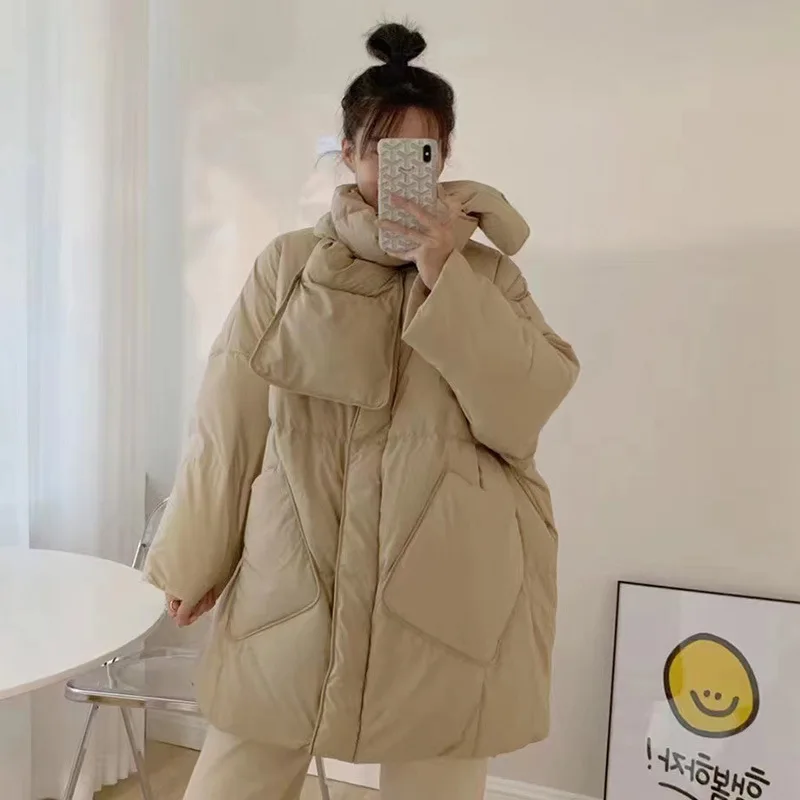 

Scarf down jacket winter 2022 new medium and long section sweet and fashionable white duck down thickened bread jacket women