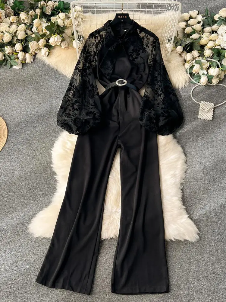 High Quality Black Lace Embroidery Bow Collar Slim Jumpsuit