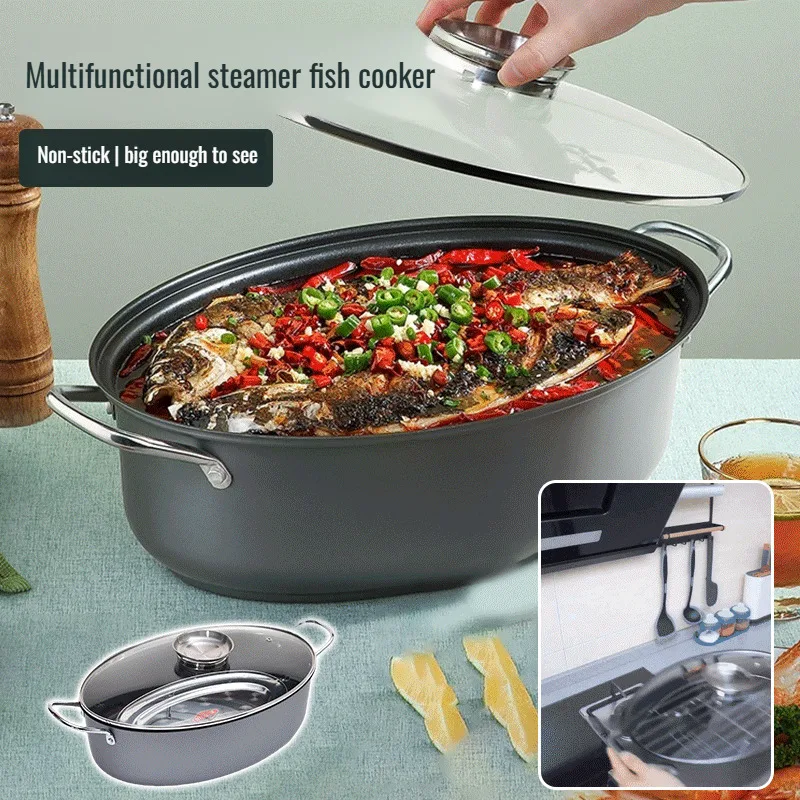 Household fish steamer double ear large capacity glass lid steamer non-stick carbon steel multi-function pot
