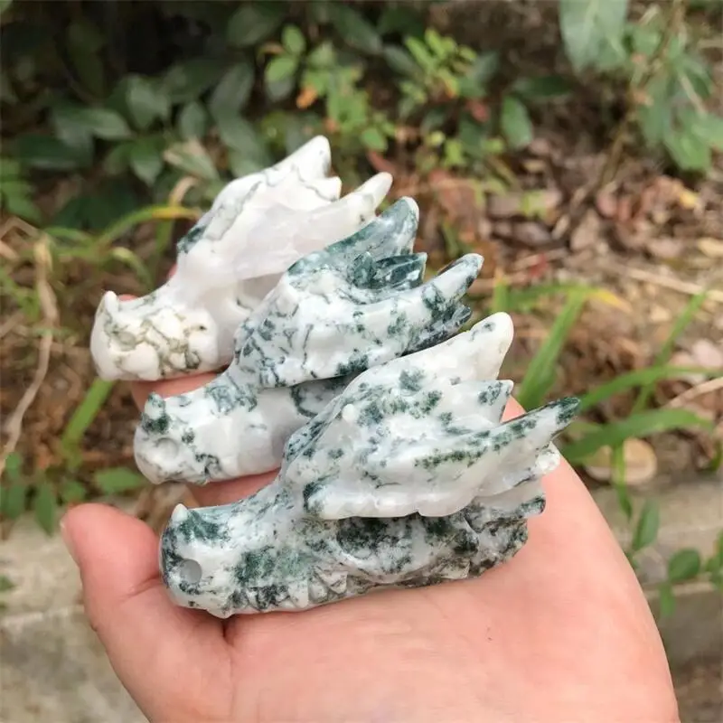 

Natural Stone Moss Agate Crystal Handmade Carved Dragon Head Skull Polished Animal Statue For Home Decoration Gift 1pcs