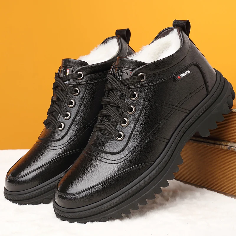 

Men Leather shoes plush warm snow Boots Winter Men Fashion Ankle Boots Business dress Casual Man ankle Boots male Work Shoes