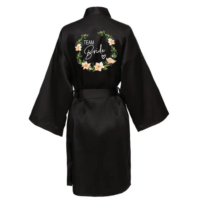 Wedding Party Team Bride Robe With Black Letters Kimono Satin Pajamas Bridesmaid Bathrobe SP003 Black2
