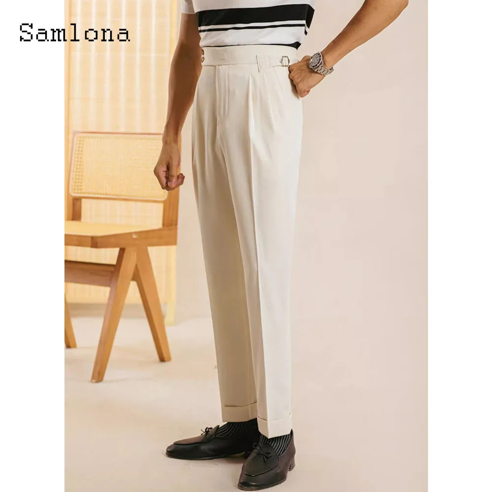 Men Elegant Formal Party Suits Pants Male Vintage Stand Pocket Ankle-Length Trousers European Fashion Buckle Up Suit Pants
