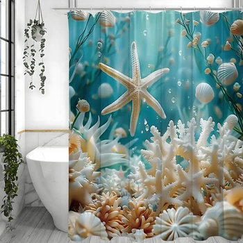 Tenda da doccia da spiaggia Stelle marine Conchiglie Corallo Onde dell'oceano Increspature Fresco Estate tropicale Paesaggio marino hawaiano Tessuto Decorazione del bagno 1