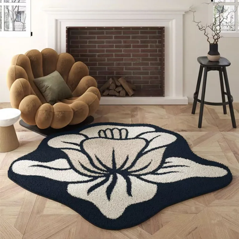 Round Living Room Carpet Coffee Table Area Rugs Fluffy And Soft Faux Wool Fluffy Lounge Rug Non-Slip Flower Pattern Retro Carpet
