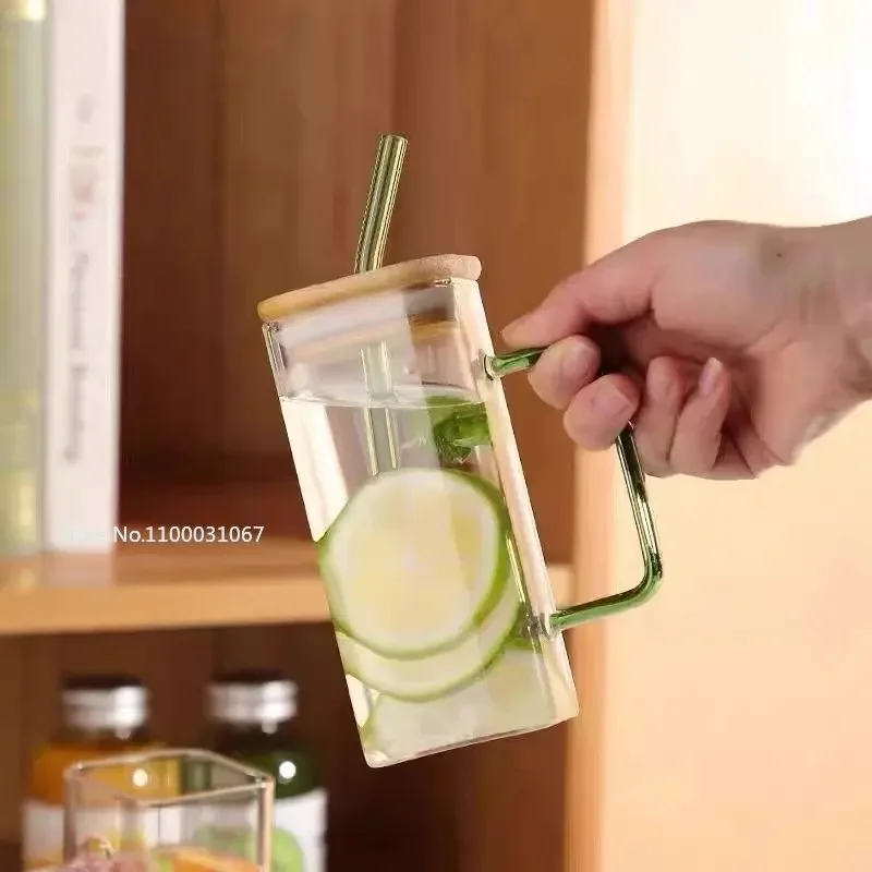 350ML Square Mug With Lids and Straws Single Colored Handle Layer Drinking Glass Cups For Iced Coffee Milk Bubble Tea Water glass cup square mug