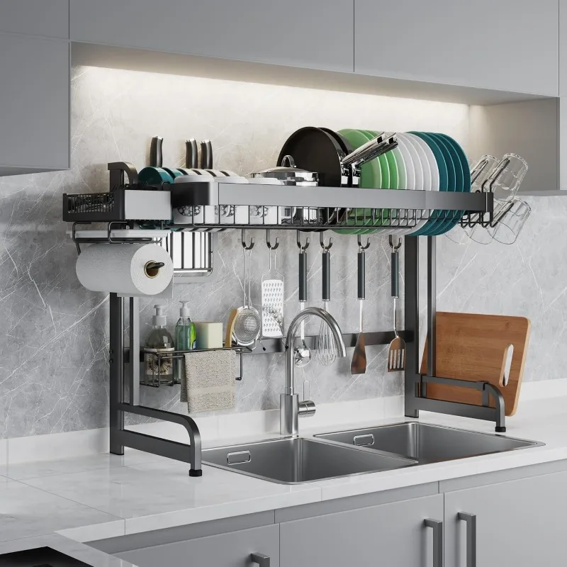 Large Over Sink Dish Rack: Full Stainless Steel Dish Drying Rack Over The Sink Adjustable (25.6-37.6in) Width Kitchen Organizers