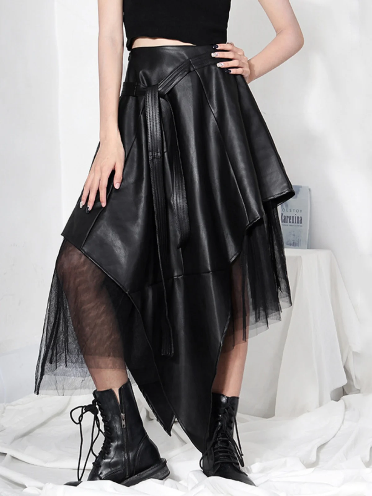 2023 Summer Autumn New PU Leather Skirt In The Long Section Of High Waist A-line Irregular Mesh Skirt