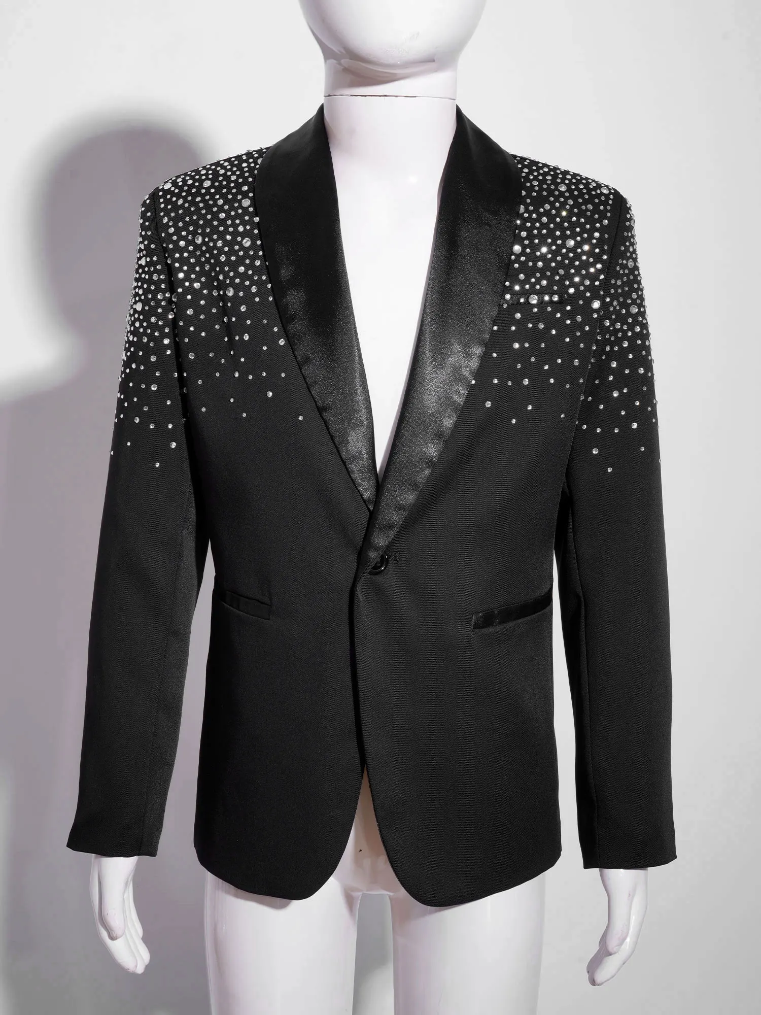 Kids Boys Party Blazer Jacket Dancewear Shiny Rhinestone Lapel Long Sleeve Fully Lined Outerwear Evening Wedding Proms Tuxedo