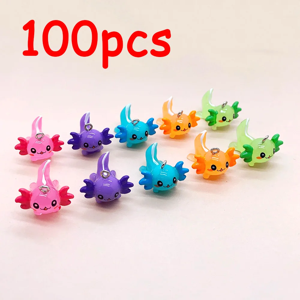 Axolotl Peixe Resina Encantos, Pingente Animal Marinho Kawaii para Brinco Chaveiro, Fazer Jóias DIY, Atacado Em Massa, 100Pcs