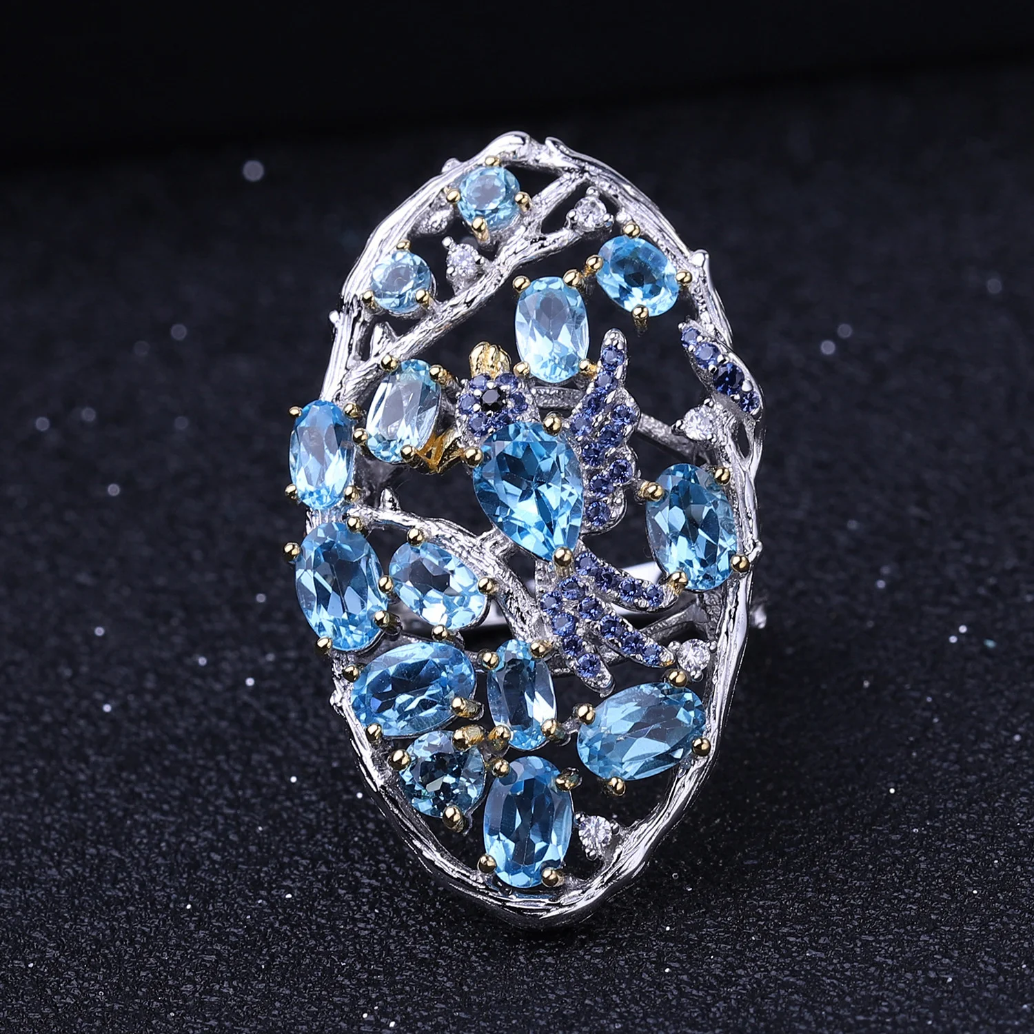 Brand Genuine Luxury Real Jewels Secret Garden Designer Con Uccelli Nel Cluster S925 Sterling Silver Natural Topaz Ring High Q